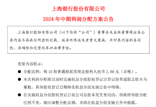 上海银行披露2024年中期利润分配方案 拟10派2.8元